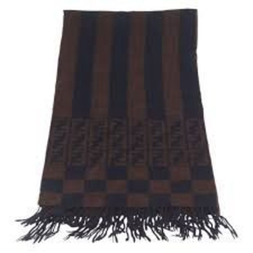 Fendi Zucca Wool Scarf Brown Blue FF Logo Checkered Stripes Fall Winter Luxury